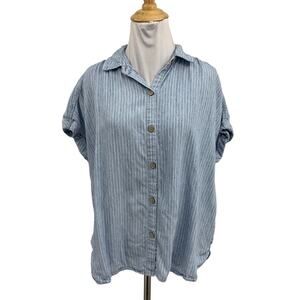 Faherty Shirt Womens S Small Linen Blend Breeze Stripe Button Cap Sleeve Cuffed
